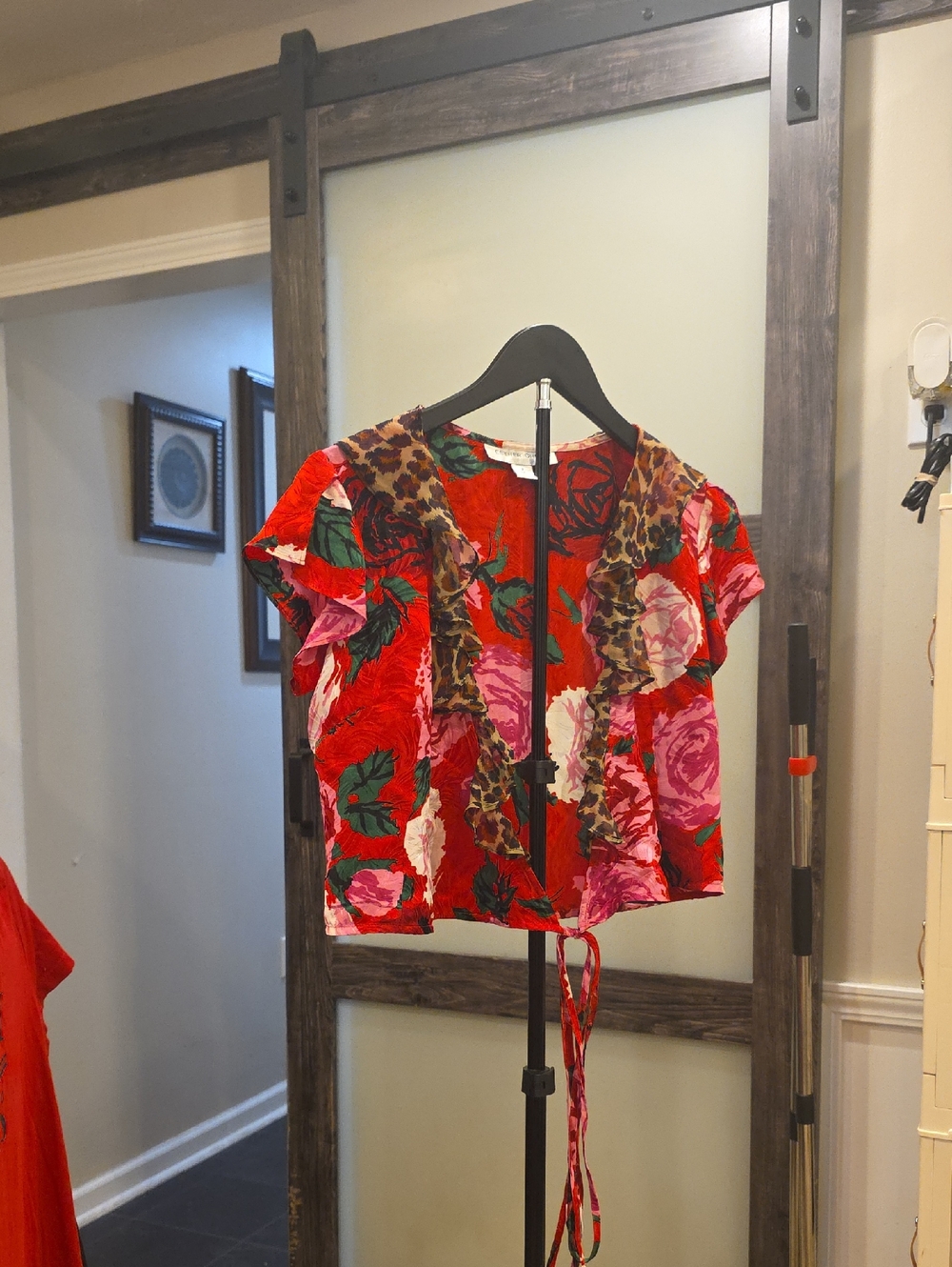 Floral Red Ruffle Tie-Front Women's Top